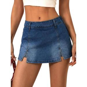 EMMIOL Denim Mini Skirt for Women – Mid-Low Waisted Stretch Side Zipper Skort Y2k Casual Jean Skirts with Shorts Underneath(Dark Blue)
