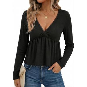 EMMIOL Long Sleeve V Neck Shirts for Women Top Lace Trim Basic Sexy Tee Fashion Casual Stretchy Blouses(Black)