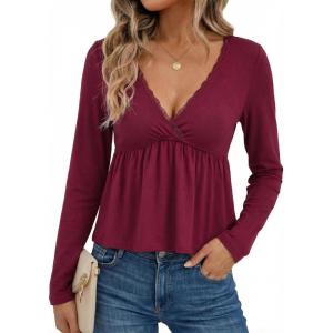 EMMIOL Long Sleeve V Neck Shirts for Women Top Lace Trim Basic Sexy Tee Fashion Casual Stretchy Blouses(Red)