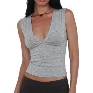Women Deep V Neck Tops Sexy Sleeveless Crop Top Stretchy Trendy Going Out Tank Top Cute Summer Clothes Grey