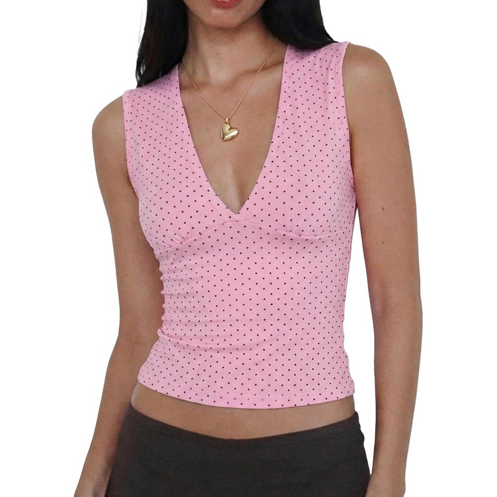 image:imageWomen Deep V Neck Tops Sexy Sleeveless Crop Top Stretchy Trendy Going Out Tank Top Cute Summer ClothesPinkpolka Dots
