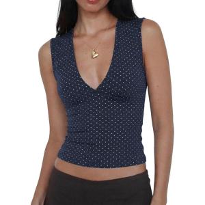 Women Deep V Neck Tops Sexy Sleeveless Crop Top Stretchy Trendy Going Out Tank Top Cute Summer Clothes(Blue-polka Dots)