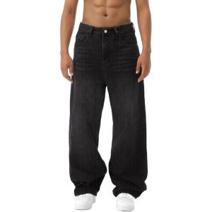 EMMIOL Baggy Jeans Men Wide Leg,Y2k Hip Hop Skater Denim Cargo Pants Vintage Loose Fit,Relaxed Long Trousers Streetwear(007-black-x)