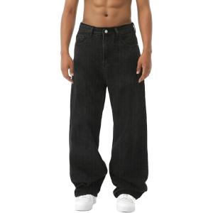 EMMIOL Baggy Jeans Men Wide Leg,Y2k Hip Hop Skater Denim Cargo Pants Vintage Loose Fit,Relaxed Long Trousers Streetwear(Black-b)
