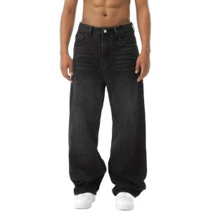 EMMIOL Baggy Jeans Men Wide Leg,Y2k Hip Hop Skater Denim Cargo Pants Vintage Loose Fit,Relaxed Long Trousers Streetwear(Black-c)