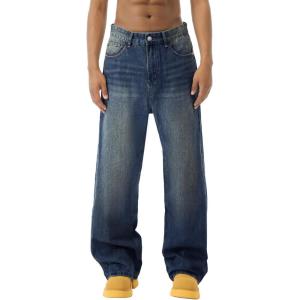 EMMIOL Baggy Jeans Men Wide Leg,Y2k Hip Hop Skater Denim Cargo Pants Vintage Loose Fit,Relaxed Long Trousers Streetwear(Deep Blue-007)