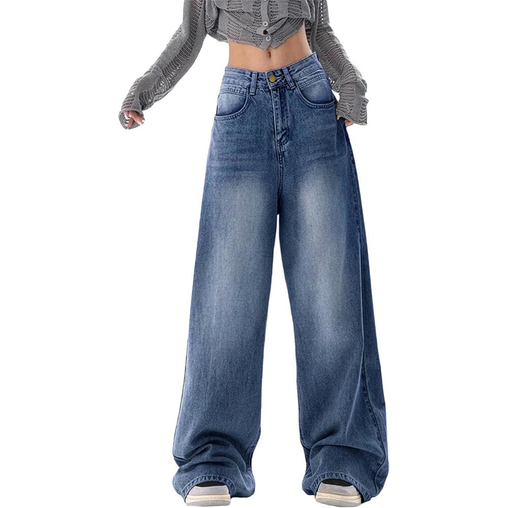 image:imageWomen Baggy Jeans High Waisted Loose Fit Vintage Oversized Wide Leg Long Denim Pants TrousersDark Blue