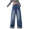 Women Baggy Jeans High Waisted Loose Fit Vintage Oversized Wide Leg Long Denim Pants Trousers(Dark Blue)