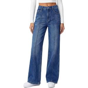 EMMIOL Women’s Wide Leg Jeans Mid High Waisted Trendy Seamed Front Baggy Vintage Denim Pants with Pockets(Dark Blue)