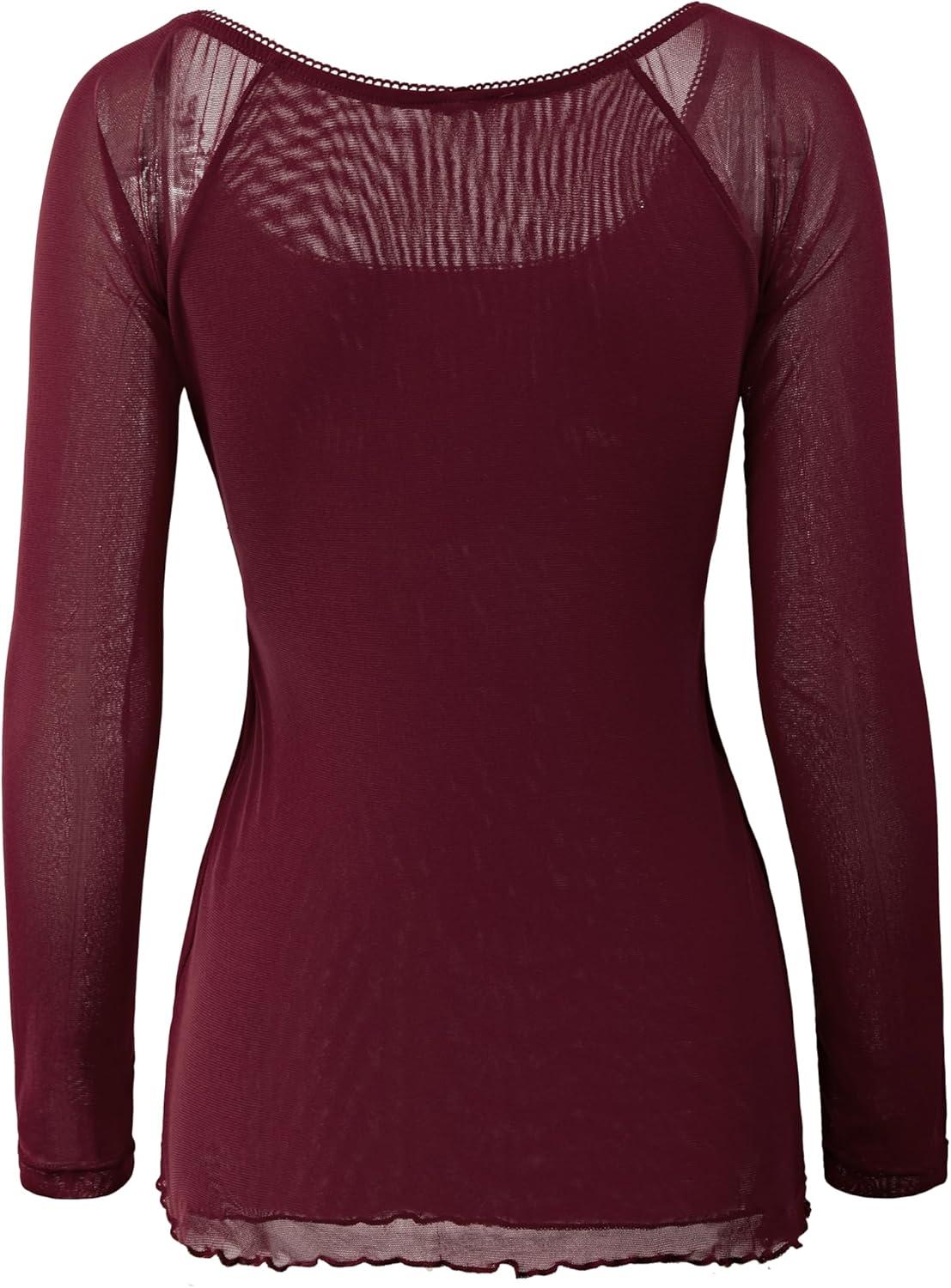 image:imageEMMIOL Y2K Mesh Top Women Long Sleeve Shirts Scoop Neck Ruffle Hem Babydoll Blouse Grunge Top Burgundy