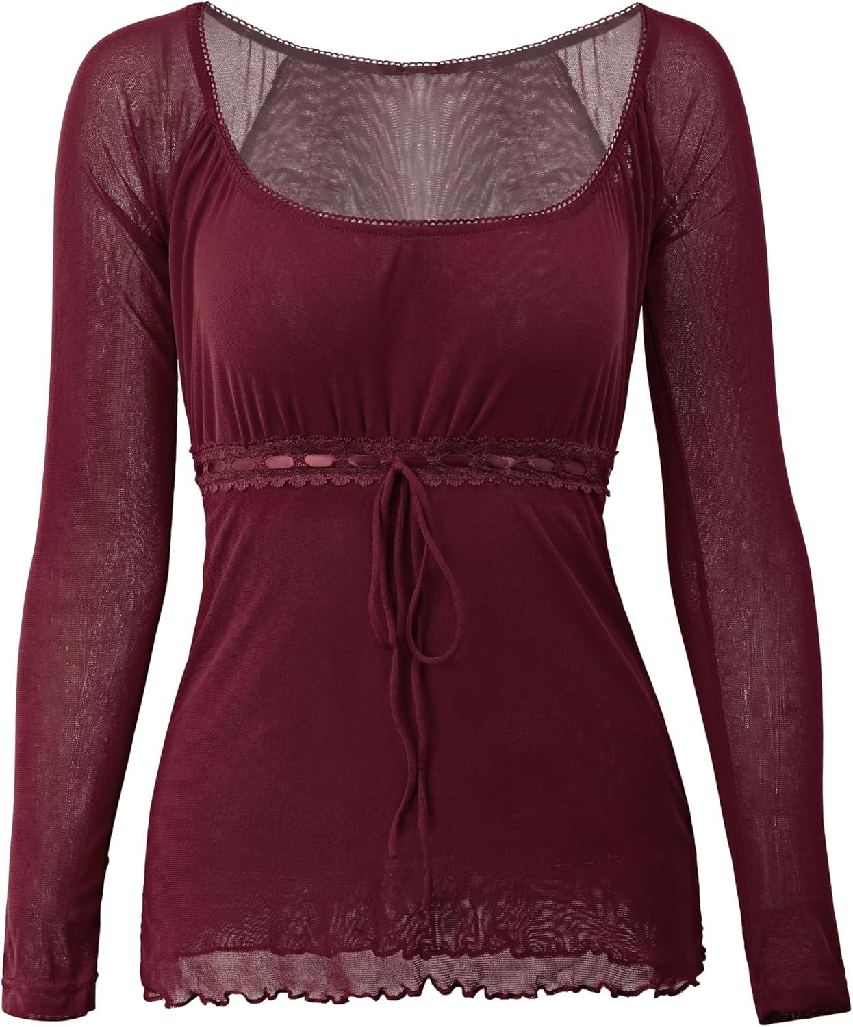 image:imageEMMIOL Y2K Mesh Top Women Long Sleeve Shirts Scoop Neck Ruffle Hem Babydoll Blouse Grunge Top Burgundy