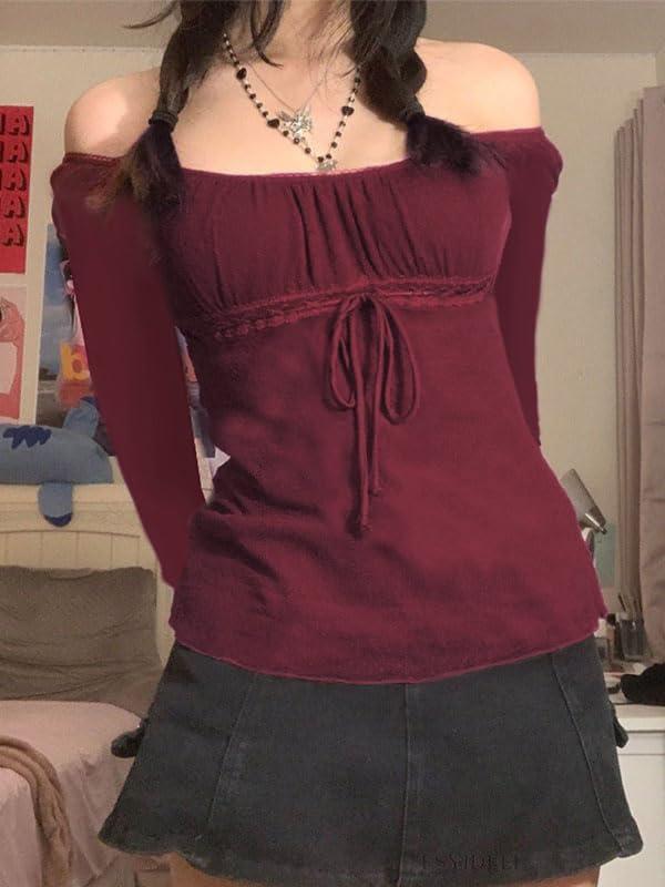 image:imageEMMIOL Y2K Mesh Top Women Long Sleeve Shirts Scoop Neck Ruffle Hem Babydoll Blouse Grunge Top Burgundy