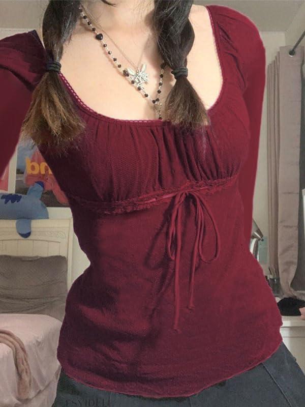 image:imageEMMIOL Y2K Mesh Top Women Long Sleeve Shirts Scoop Neck Ruffle Hem Babydoll Blouse Grunge Top Burgundy