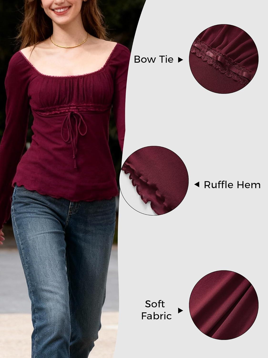image:imageEMMIOL Y2K Mesh Top Women Long Sleeve Shirts Scoop Neck Ruffle Hem Babydoll Blouse Grunge Top Burgundy