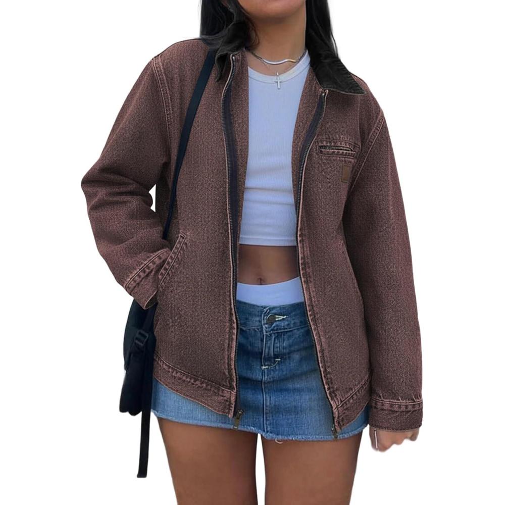 image:imageEMMIOL Barn Jean Jacket for Women Zipper 2026 Clean Fit Long Sleeve Denim JacketsA Brown Black