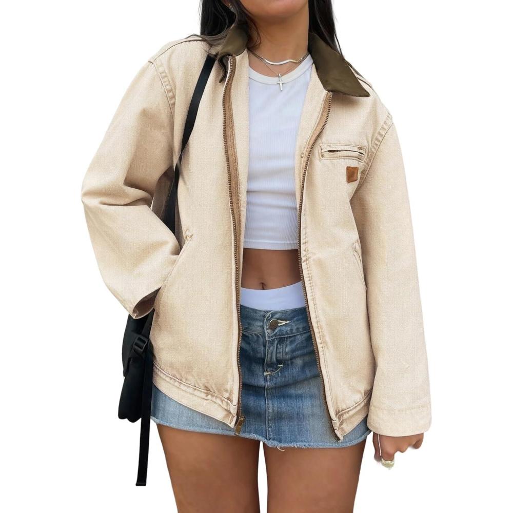 image:imageEMMIOL Barn Jean Jacket for Women Zipper 2026 Clean Fit Long Sleeve Denim JacketsA Khaki Green