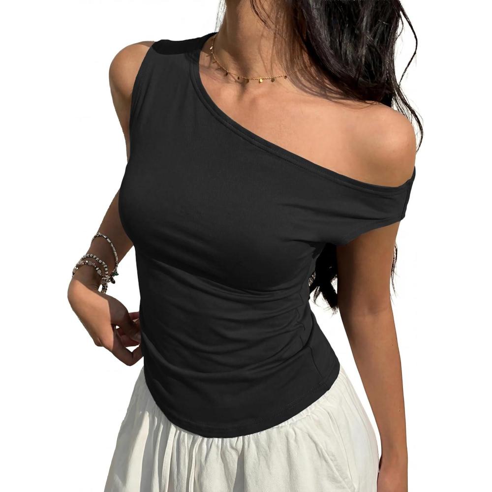 image:imageEMMIOL Off Shoulder Tops for Women Cute Sleeveless Polka Dot Shirts Ruched Sexy Going Out Tank Top Y2K ClothesBlack Solid