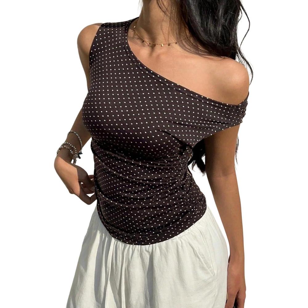 image:imageEMMIOL Off Shoulder Tops for Women Cute Sleeveless Polka Dot Shirts Ruched Sexy Going Out Tank Top Y2K ClothesBrown Polka Dot