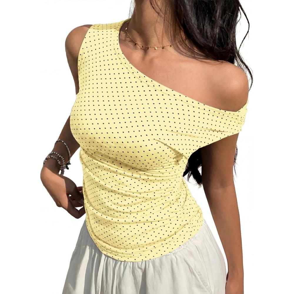image:imageEMMIOL Off Shoulder Tops for Women Cute Sleeveless Polka Dot Shirts Ruched Sexy Going Out Tank Top Y2K ClothesLight Yellow Polka Dot