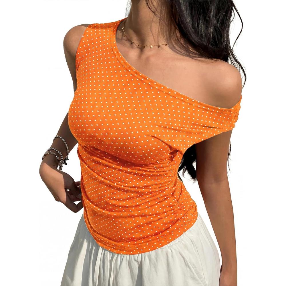 image:imageEMMIOL Off Shoulder Tops for Women Cute Sleeveless Polka Dot Shirts Ruched Sexy Going Out Tank Top Y2K ClothesOrange Polka Dot