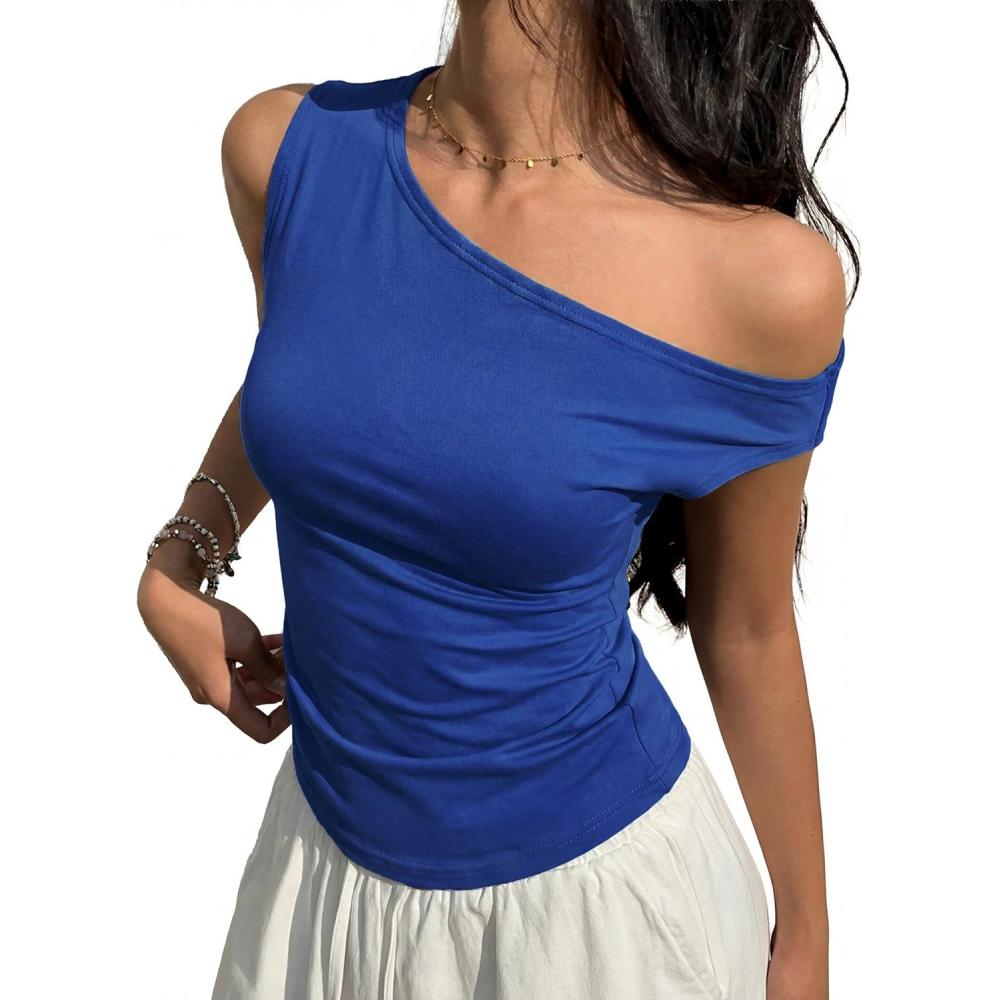 image:imageEMMIOL Off Shoulder Tops for Women Cute Sleeveless Polka Dot Shirts Ruched Sexy Going Out Tank Top Y2K ClothesRoyal Blue Solid