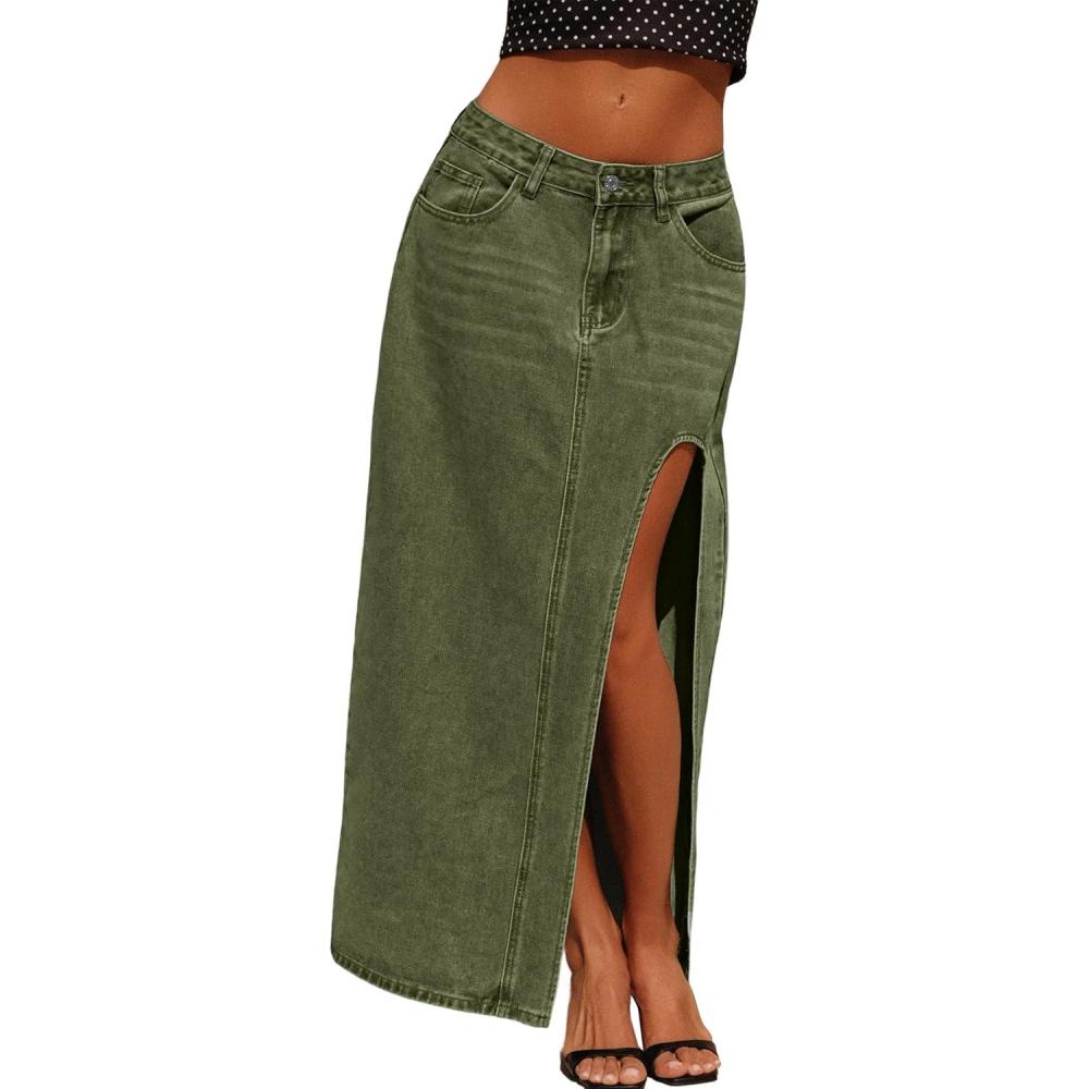 image:imageJean Skirts for Women Maxi Side Slit Sexy Dress 2026 Summer Trendy Sexy Denim Long SkirtArmy Green