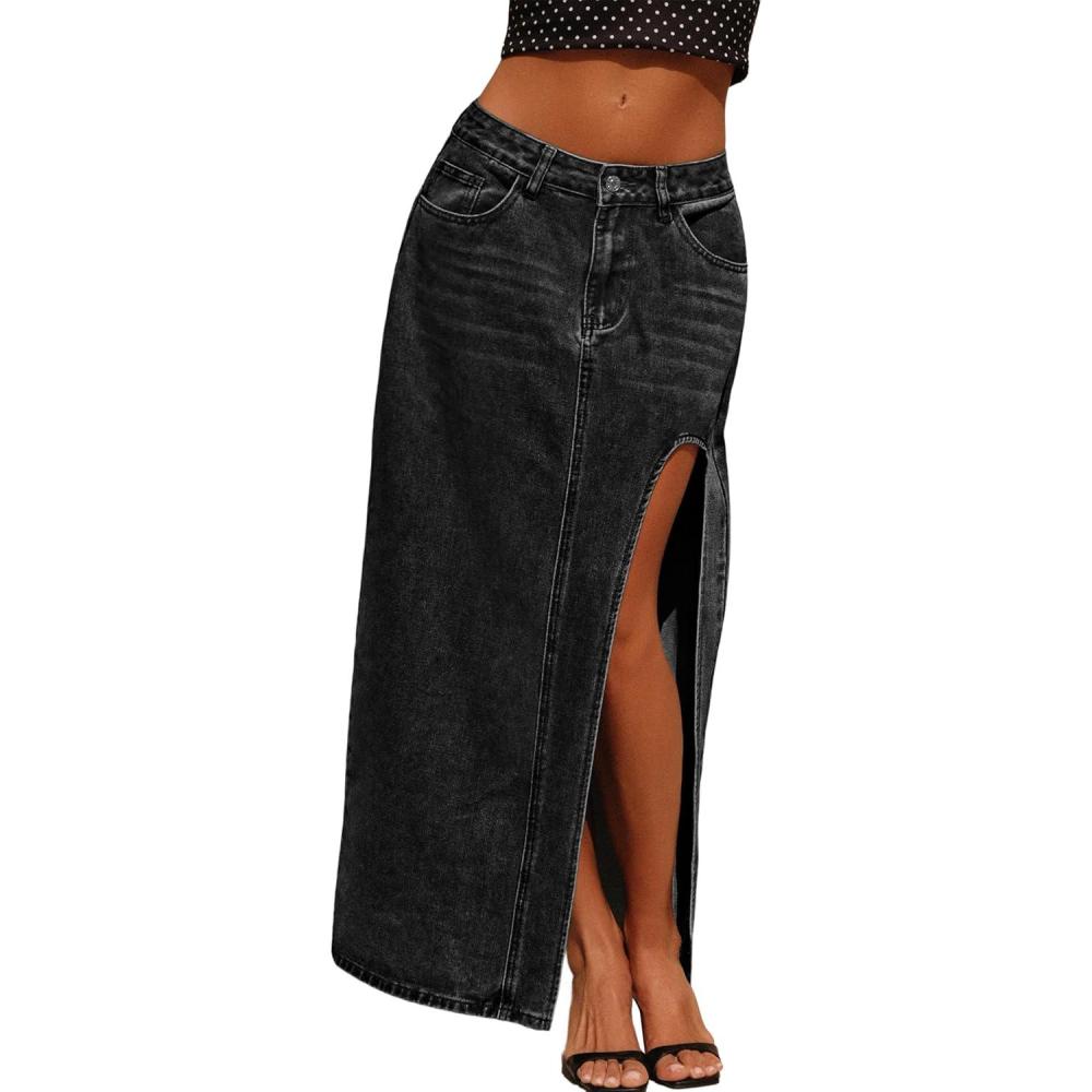 image:imageJean Skirts for Women Maxi Side Slit Sexy Dress 2026 Summer Trendy Sexy Denim Long SkirtBlack