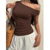 EMMIOL Off Shoulder Tops for Women Cute Sleeveless Polka Dot Shirts Ruched Sexy Going Out Tank Top Y2K Clothes(Brown Solid)