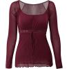 EMMIOL Y2K Mesh Top Women Long Sleeve Shirts Scoop Neck Ruffle Hem Babydoll Blouse Grunge Top Burgundy