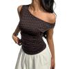 EMMIOL Off Shoulder Tops for Women Cute Sleeveless Polka Dot Shirts Ruched Sexy Going Out Tank Top Y2K Clothes(Brown Polka Dot)