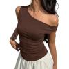 EMMIOL Off Shoulder Tops for Women Cute Sleeveless Polka Dot Shirts Ruched Sexy Going Out Tank Top Y2K Clothes(Brown Solid)