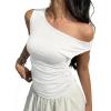 EMMIOL Off Shoulder Tops for Women Cute Sleeveless Polka Dot Shirts Ruched Sexy Going Out Tank Top Y2K Clothes(White Solid)