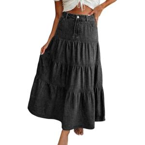 EMMIOL Long Denim Skirt for Women – Mid High Waisted A-Line Jean Maxi Skirts Dark Wash Tiered Swing Jean Skirt with Pockets(Black)