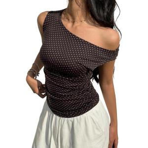 EMMIOL Off Shoulder Tops for Women Cute Sleeveless Polka Dot Shirts Ruched Sexy Going Out Tank Top Y2K Clothes(Brown Polka Dot)
