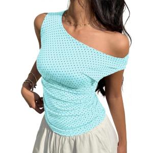 EMMIOL Off Shoulder Tops for Women Cute Sleeveless Polka Dot Shirts Ruched Sexy Going Out Tank Top Y2K Clothes(Light Blue Polka Dot)