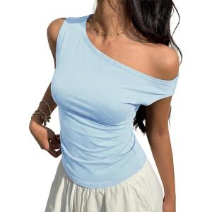 EMMIOL Off Shoulder Tops for Women Cute Sleeveless Polka Dot Shirts Ruched Sexy Going Out Tank Top Y2K Clothes(Light Blue Solid)
