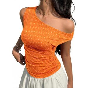 EMMIOL Off Shoulder Tops for Women Cute Sleeveless Polka Dot Shirts Ruched Sexy Going Out Tank Top Y2K Clothes(Orange Polka Dot)