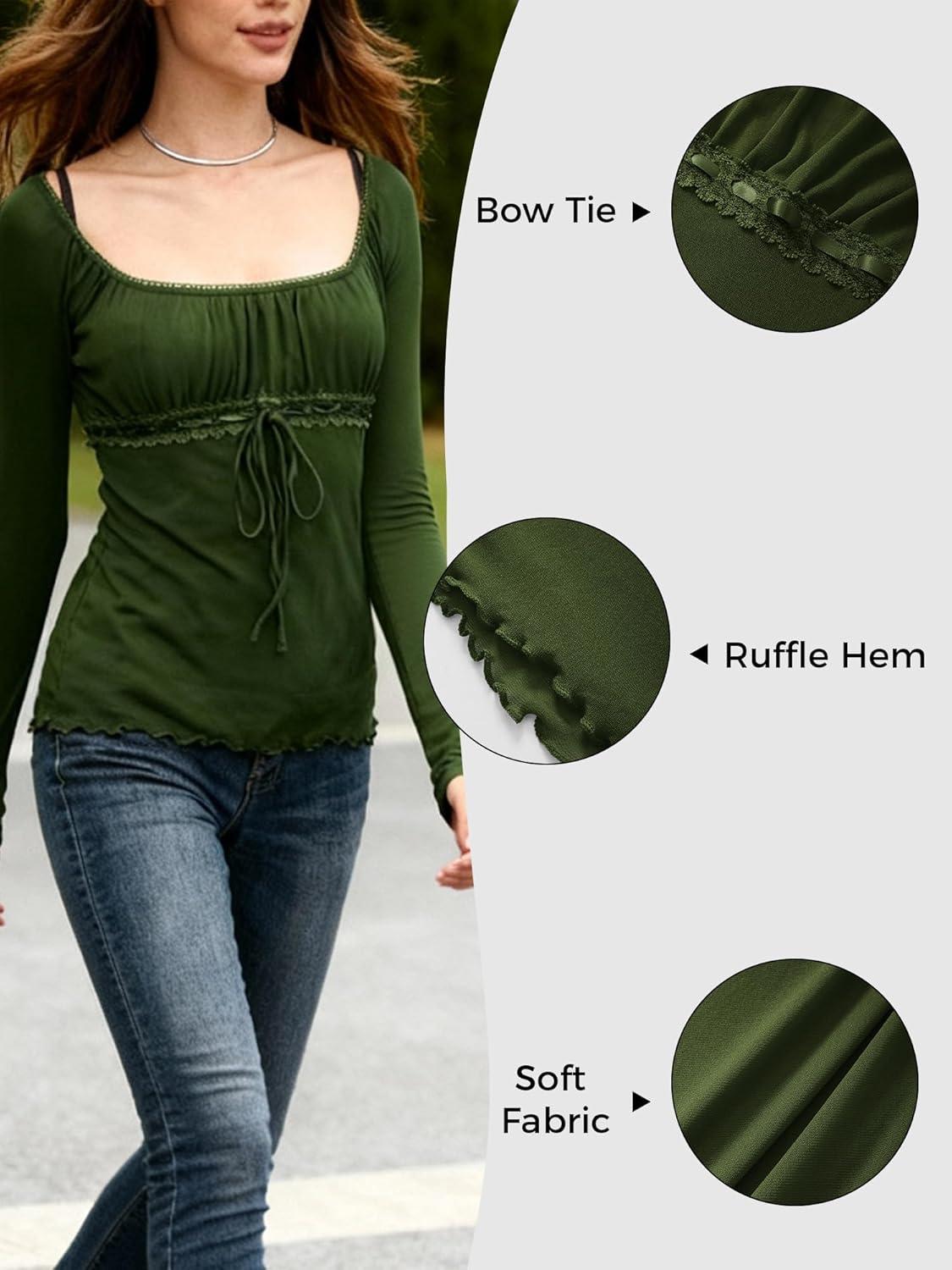 image:imageEMMIOL Y2K Mesh Top Women Long Sleeve Shirts Scoop Neck Ruffle Hem Babydoll Blouse Grunge Top Army Green