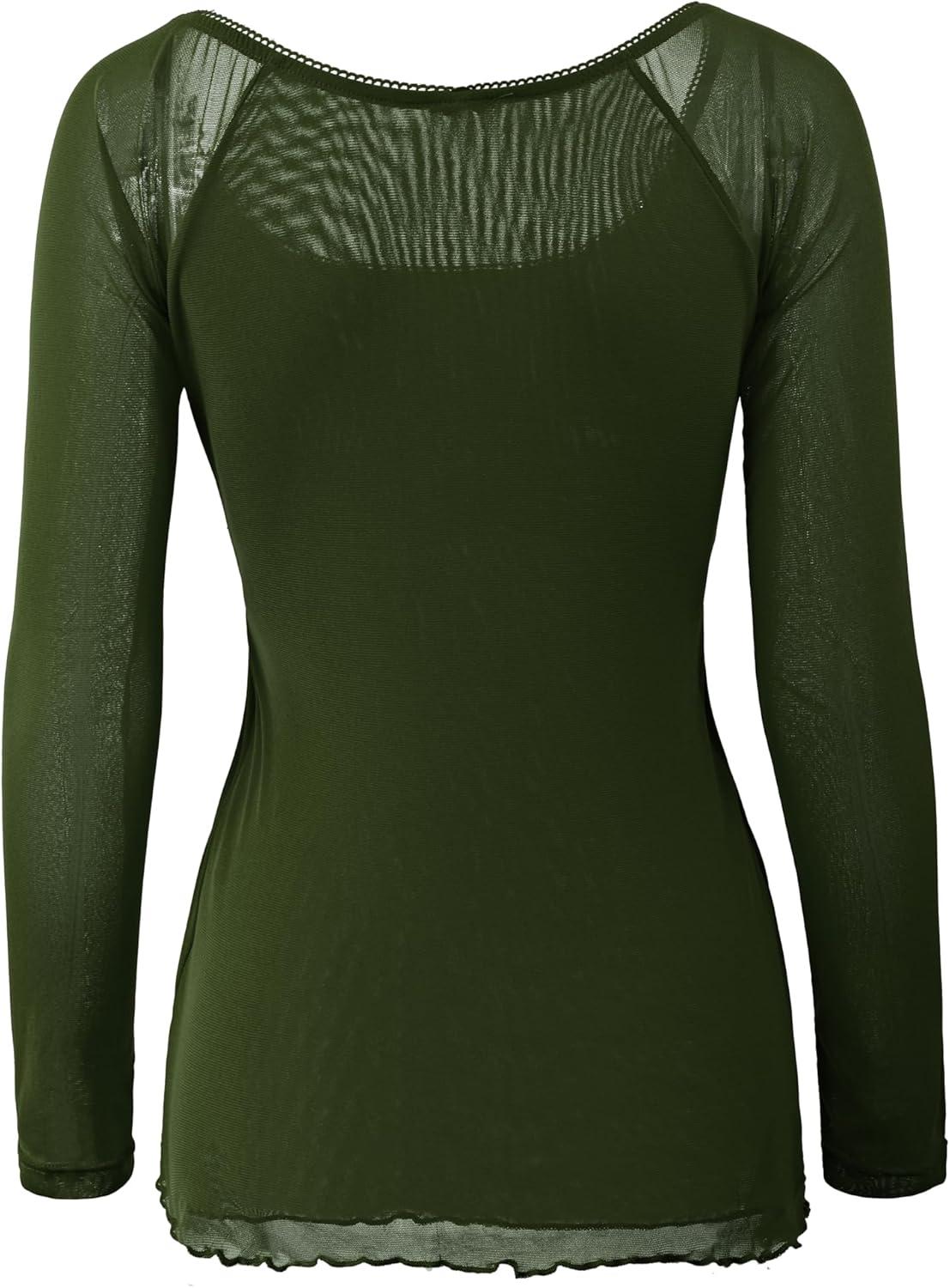 image:imageEMMIOL Y2K Mesh Top Women Long Sleeve Shirts Scoop Neck Ruffle Hem Babydoll Blouse Grunge Top Army Green