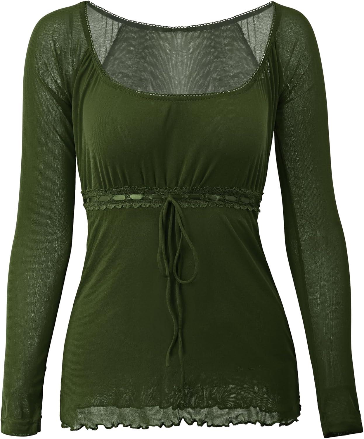 image:imageEMMIOL Y2K Mesh Top Women Long Sleeve Shirts Scoop Neck Ruffle Hem Babydoll Blouse Grunge Top Army Green