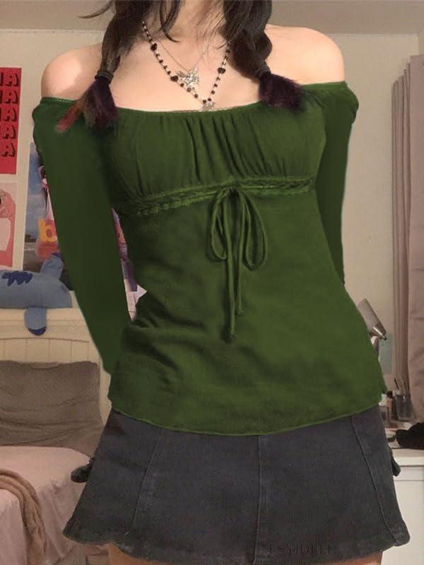 image:imageEMMIOL Y2K Mesh Top Women Long Sleeve Shirts Scoop Neck Ruffle Hem Babydoll Blouse Grunge Top Army Green