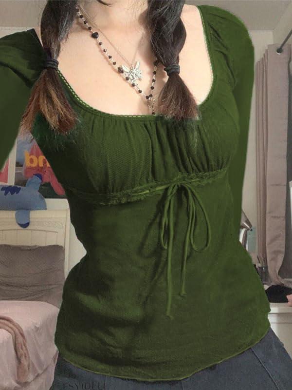 image:imageEMMIOL Y2K Mesh Top Women Long Sleeve Shirts Scoop Neck Ruffle Hem Babydoll Blouse Grunge Top Army Green