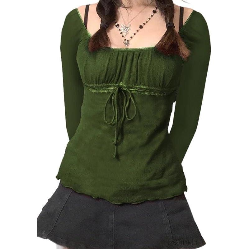 image:imageEMMIOL Y2K Mesh Top Women Long Sleeve Shirts Scoop Neck Ruffle Hem Babydoll Blouse Grunge TopArmy Green