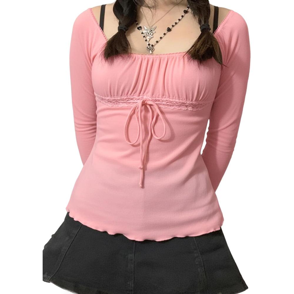 image:imageEMMIOL Y2K Mesh Top Women Long Sleeve Shirts Scoop Neck Ruffle Hem Babydoll Blouse Grunge TopPink