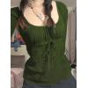 EMMIOL Y2K Mesh Top Women Long Sleeve Shirts Scoop Neck Ruffle Hem Babydoll Blouse Grunge Top Army Green