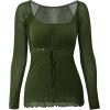 EMMIOL Y2K Mesh Top Women Long Sleeve Shirts Scoop Neck Ruffle Hem Babydoll Blouse Grunge Top(Army Green)