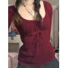EMMIOL Y2K Mesh Top Women Long Sleeve Shirts Scoop Neck Ruffle Hem Babydoll Blouse Grunge Top(Burgundy)
