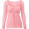 EMMIOL Y2K Mesh Top Women Long Sleeve Shirts Scoop Neck Ruffle Hem Babydoll Blouse Grunge Top(Pink)