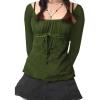 EMMIOL Y2K Mesh Top Women Long Sleeve Shirts Scoop Neck Ruffle Hem Babydoll Blouse Grunge Top(Army Green)