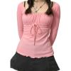 EMMIOL Y2K Mesh Top Women Long Sleeve Shirts Scoop Neck Ruffle Hem Babydoll Blouse Grunge Top(Pink)
